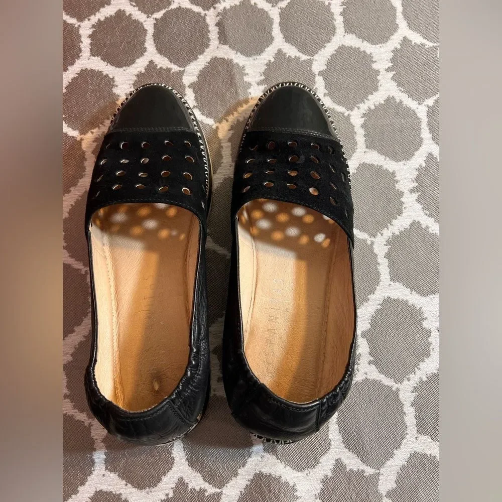 Hispanitas Black Perforated Slip-On Espadrilles made in Spain suede and patent